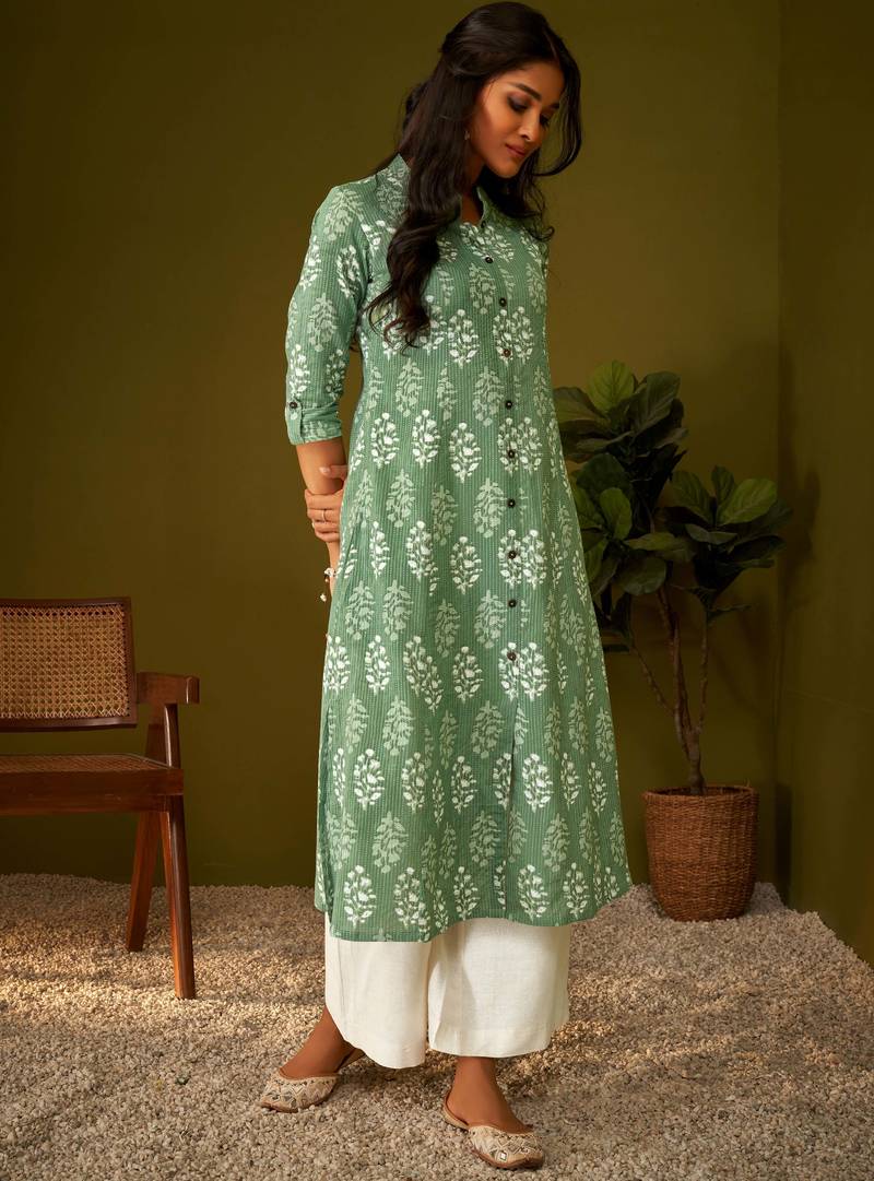 Olive green kantha print cotton a-line kurta