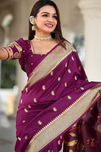 Purple silk blend banarasi saree with unstitched blouse piece