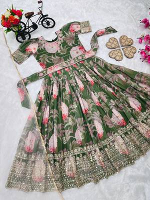  Green Digital Print Gown With Embroidered Sequins 7
