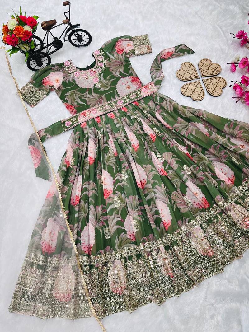  Green Digital Print Gown With Embroidered Sequins