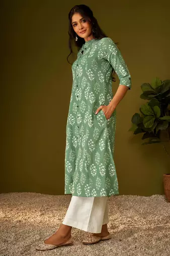 Olive green kantha print cotton a-line kurta