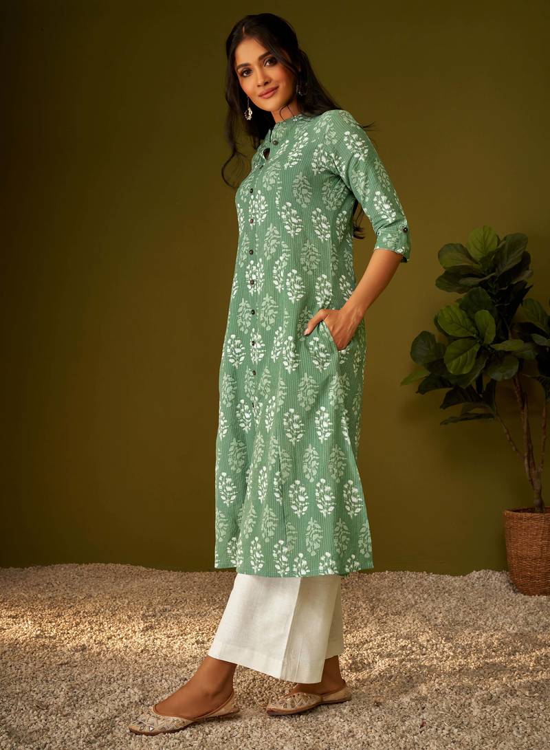 Olive green kantha print cotton a-line kurta
