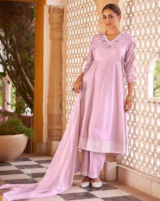 Purple ethnic motifs embroidered mirror work anarkali kurti with pyjamas & dupat 1