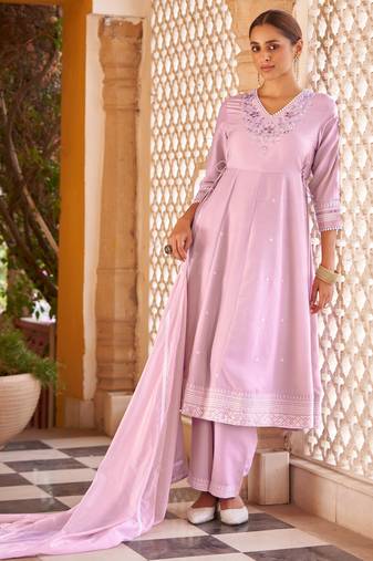 Purple ethnic motifs embroidered mirror work anarkali kurti with pyjamas & dupat