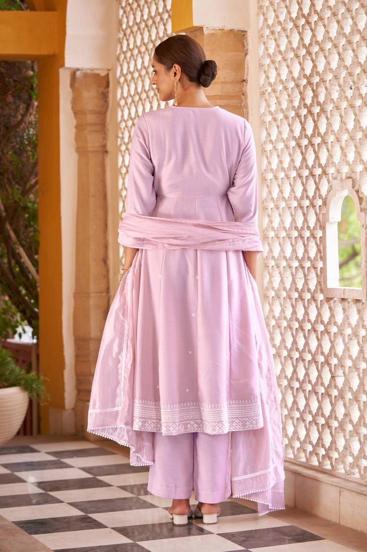 Purple ethnic motifs embroidered mirror work anarkali kurti with pyjamas & dupat