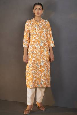 Mustard cotton blend floral printed kurta for women 1