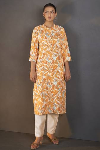 Mustard cotton blend floral printed kurta for women