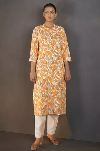 Mustard cotton blend floral printed kurta for women