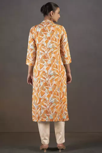 Mustard cotton blend floral printed kurta for women