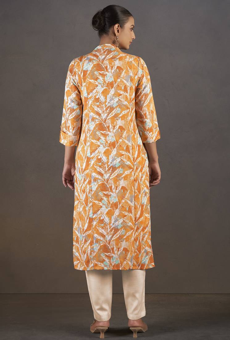 Mustard cotton blend floral printed kurta for women