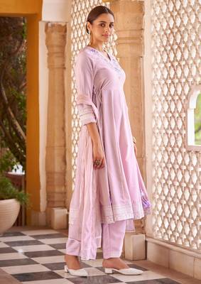 Purple ethnic motifs embroidered mirror work anarkali kurti with pyjamas & dupat 3