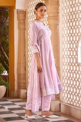 Purple ethnic motifs embroidered mirror work anarkali kurti with pyjamas & dupat