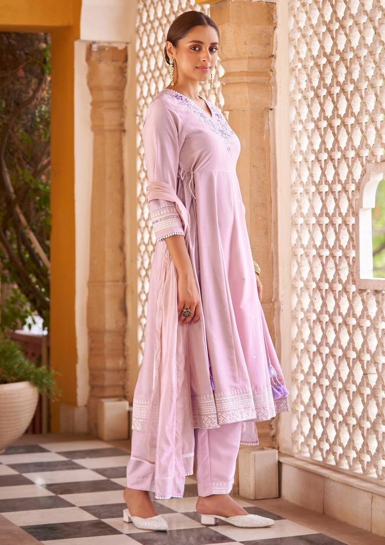 Purple ethnic motifs embroidered mirror work anarkali kurti with pyjamas & dupat