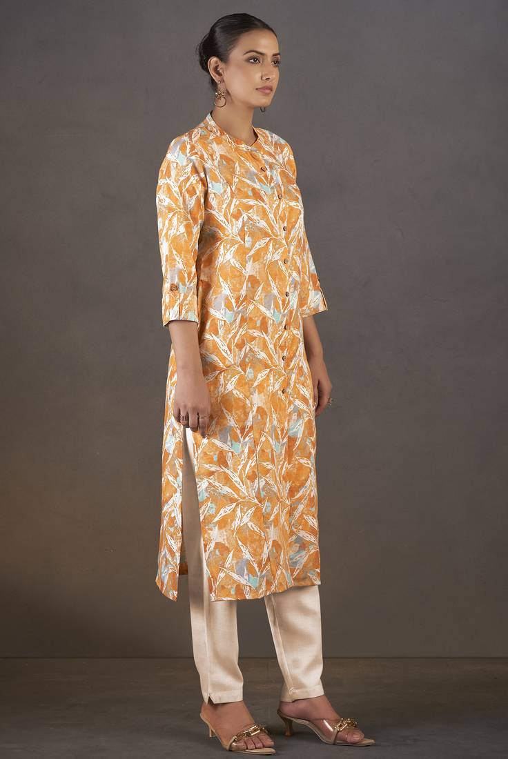 Mustard cotton blend floral printed kurta for women