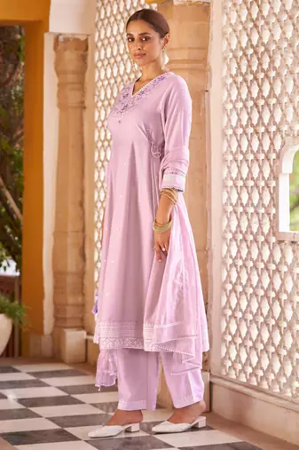 Purple ethnic motifs embroidered mirror work anarkali kurti with pyjamas & dupat