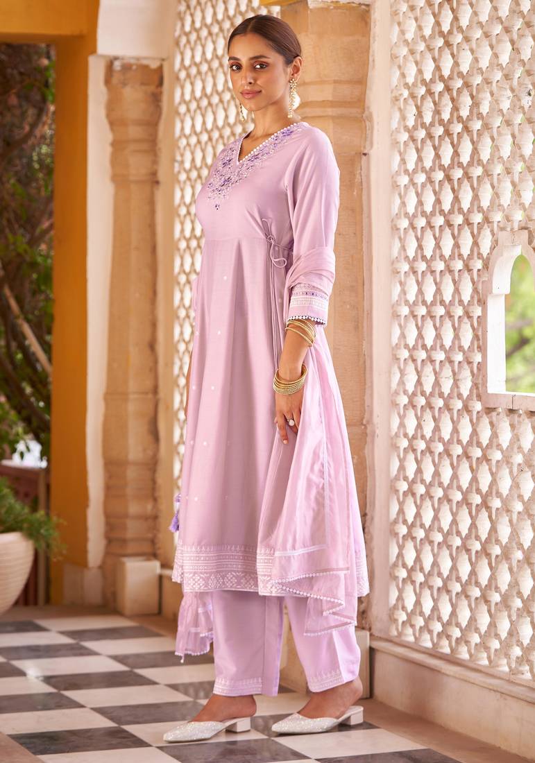 Purple ethnic motifs embroidered mirror work anarkali kurti with pyjamas & dupat