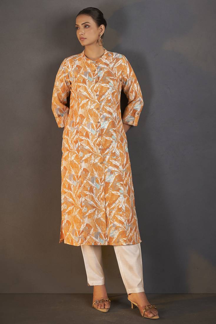 Mustard cotton blend floral printed kurta for women