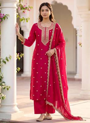 Pink vichitra silk embroidered straight kurta set with embroidered dupatta 1
