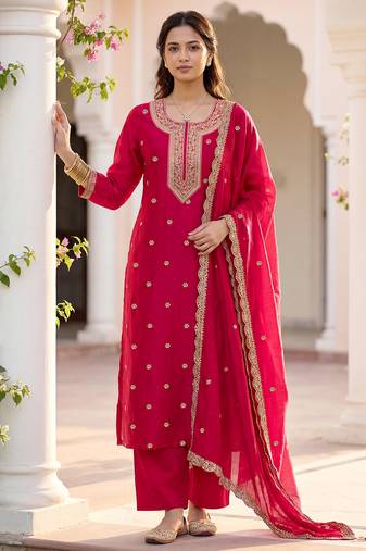 Pink vichitra silk embroidered straight kurta set with embroidered dupatta