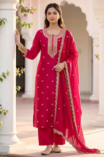 Pink vichitra silk embroidered straight kurta set with embroidered dupatta