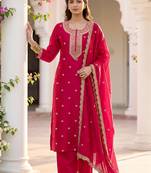 Pink vichitra silk embroidered straight kurta set with embroidered dupatta