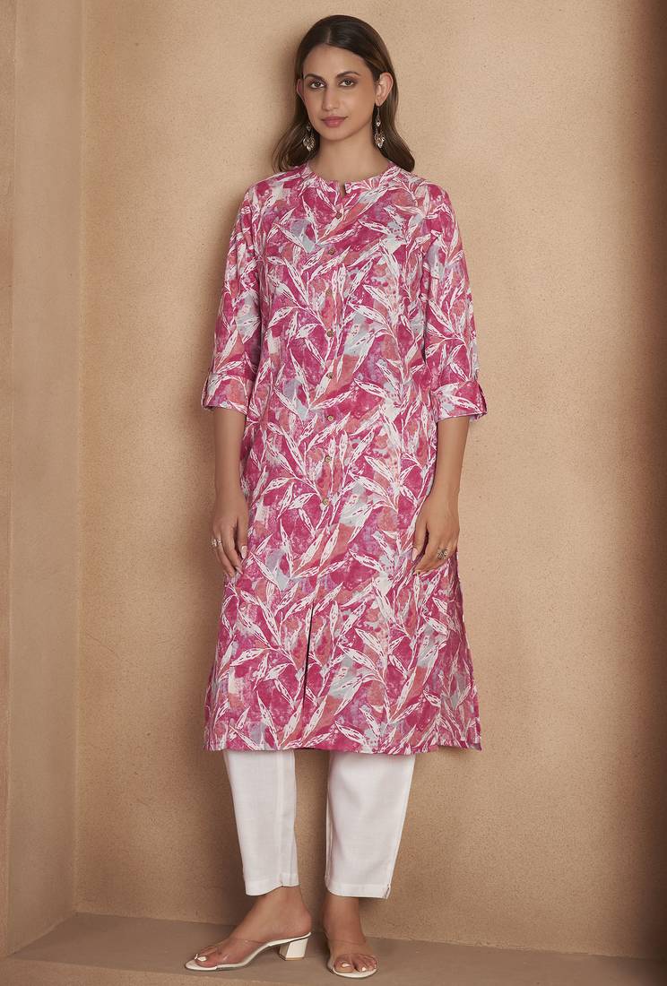 Light pink cotton blend printed kurta for women