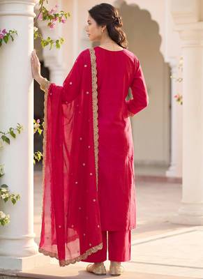 Pink vichitra silk embroidered straight kurta set with embroidered dupatta 2