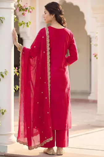 Pink vichitra silk embroidered straight kurta set with embroidered dupatta