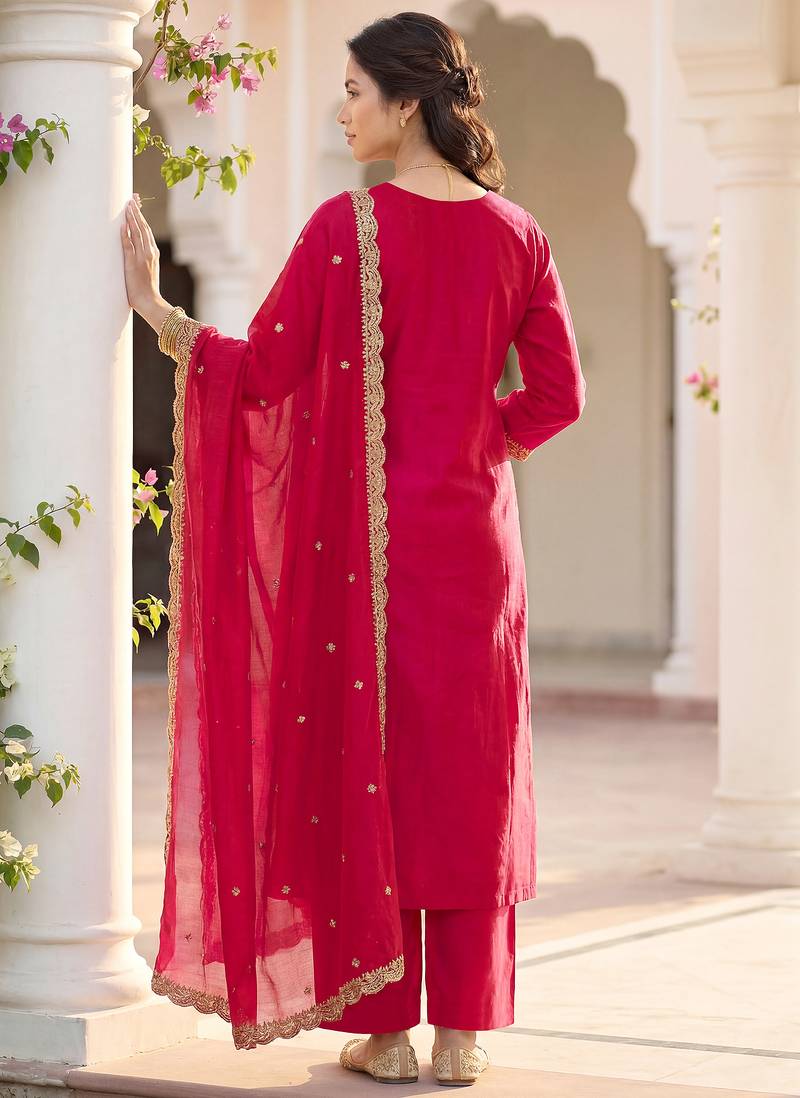 Pink vichitra silk embroidered straight kurta set with embroidered dupatta