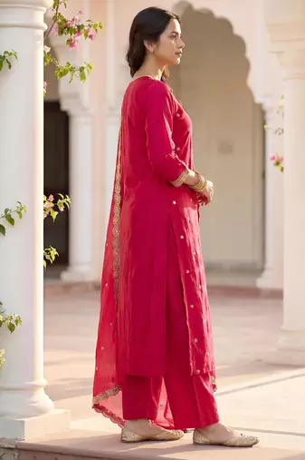 Pink vichitra silk embroidered straight kurta set with embroidered dupatta