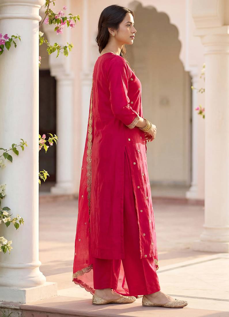 Pink vichitra silk embroidered straight kurta set with embroidered dupatta
