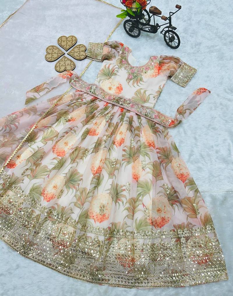 Cream Digital Print gown With Embroidered Sequins 