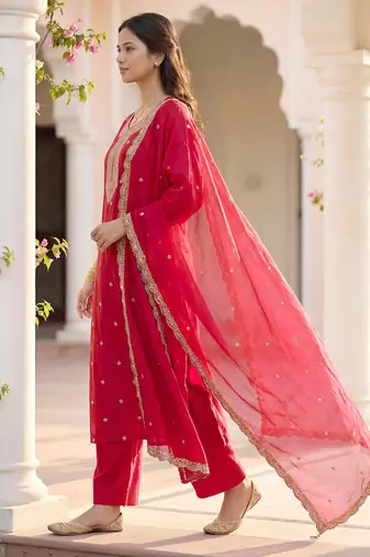 Pink vichitra silk embroidered straight kurta set with embroidered dupatta