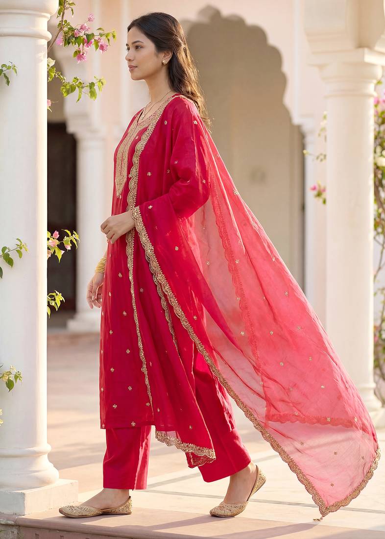Pink vichitra silk embroidered straight kurta set with embroidered dupatta
