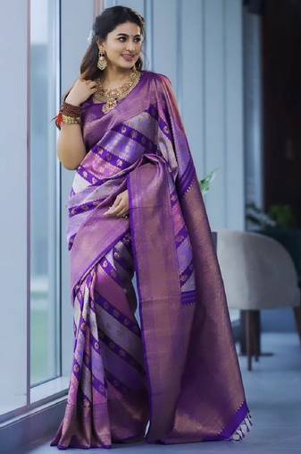 Purple soft silk blend banarasi jacuard work designer party wear saree with unstitched blouse piece