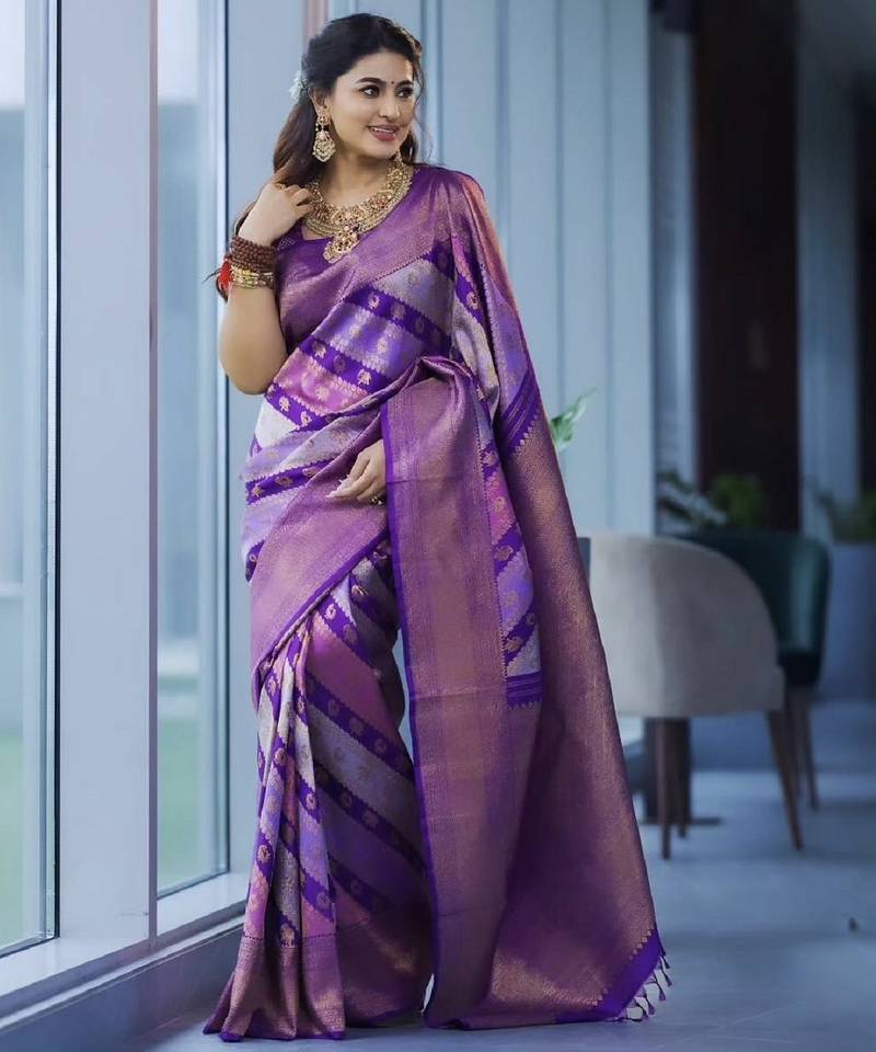Purple soft silk blend banarasi jacuard work designer party wear saree with unstitched blouse piece