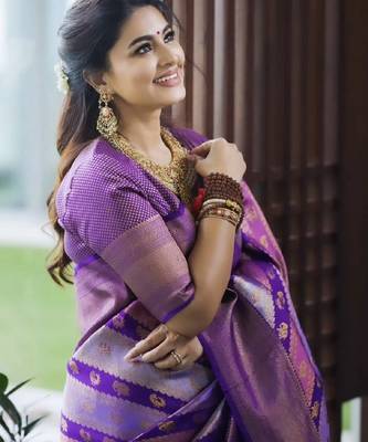 Purple silk blend banarasi saree with unstitched blouse piece 2