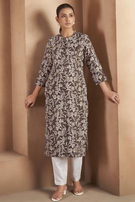 Brown cotton blend floral printed kurta for women 1