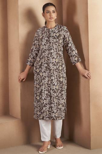 Brown cotton blend floral printed kurta for women