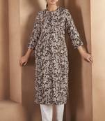 Brown cotton blend floral printed kurta for women