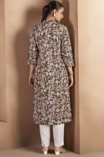 Brown cotton blend floral printed kurta for women