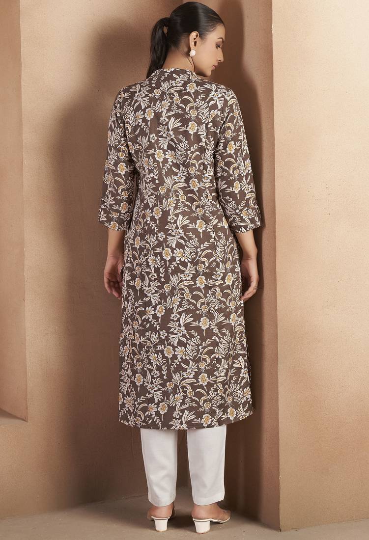 Brown cotton blend floral printed kurta for women