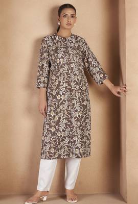 Brown cotton blend floral printed kurta for women 3