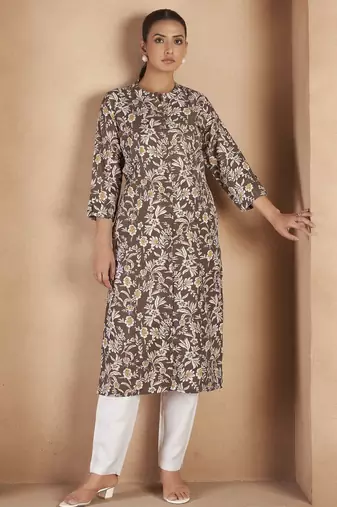 Brown cotton blend floral printed kurta for women