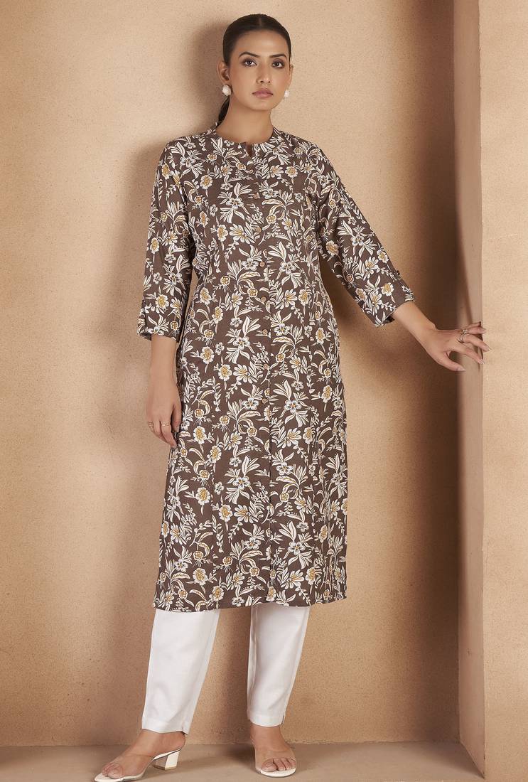Brown cotton blend floral printed kurta for women