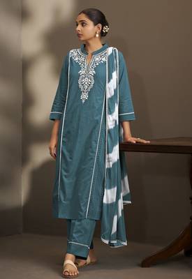 Rama pure cotton schiffli embroidered straight kurta set with cotton pants & najmin chiffon dupatta 1