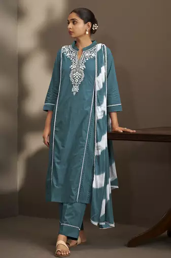 Rama pure cotton schiffli embroidered straight kurta set with cotton pants & najmin chiffon dupatta