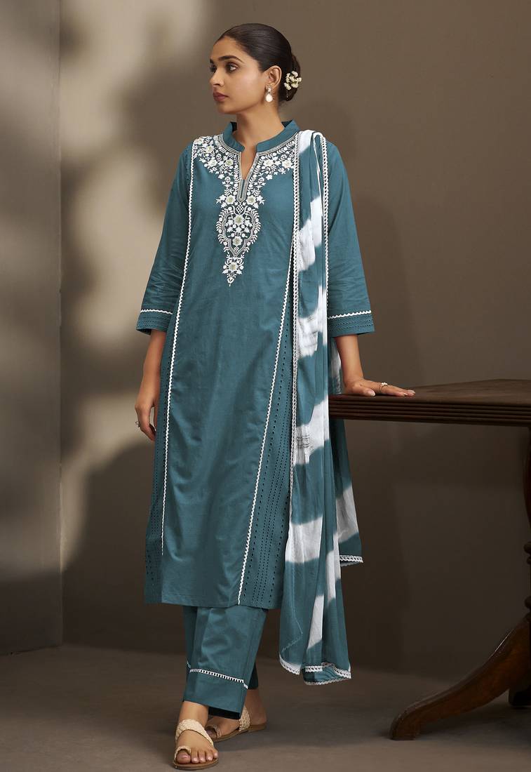 Rama pure cotton schiffli embroidered straight kurta set with cotton pants & najmin chiffon dupatta
