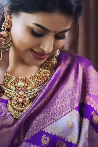 Purple silk blend banarasi saree with unstitched blouse piece