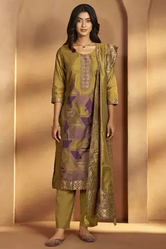 Mustard jacquard art silk fla mustard kurta set with cotton bottom & silk blend dupatta